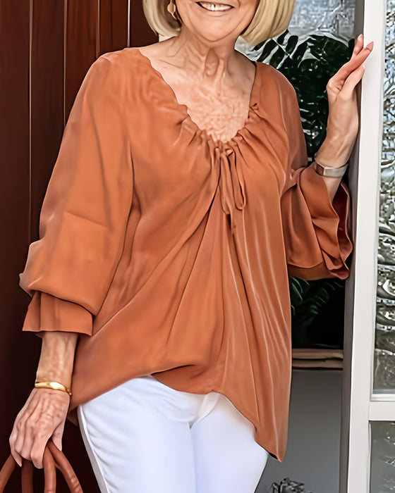 Blouse Col V Froncée Attache Décontractée