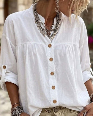 Blouse À Col Montant Manches Longues Couleur Unie Boutonnage