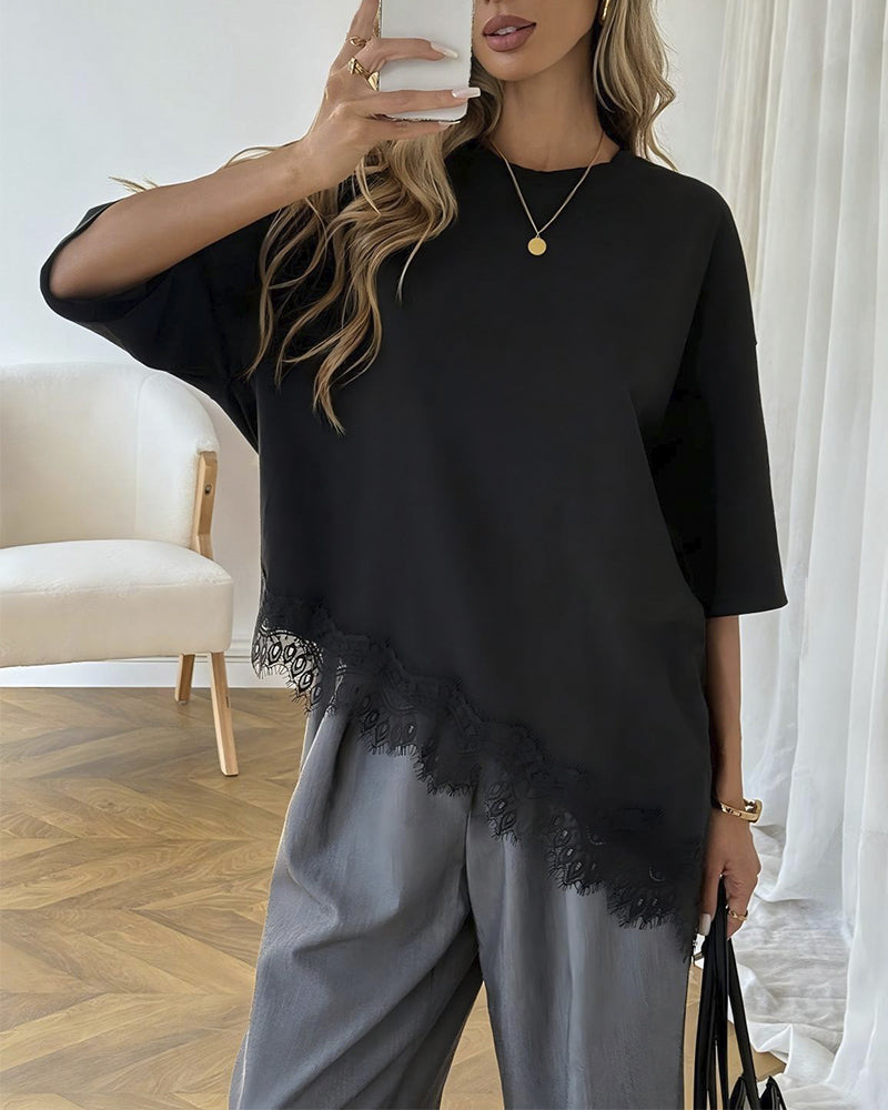 Blouse Asymétrique Dentelle Ourlet Assemblé Manches Courtes