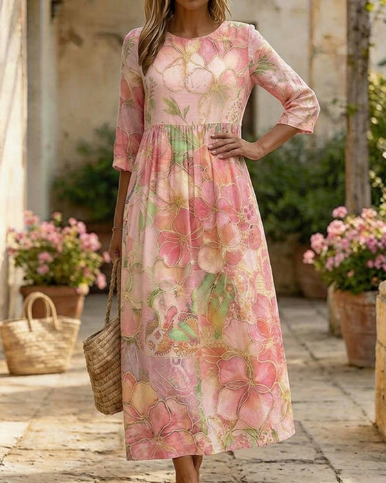 Robe Aquarelle Florale Manche Trois Quarts Jupe Ample Maxi