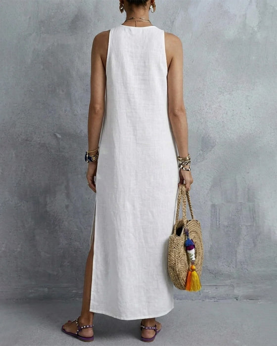 Robe Sans Manches Col En V Bohémienne Longue