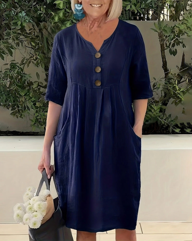 Robe Col V Boutonnée Décontractée