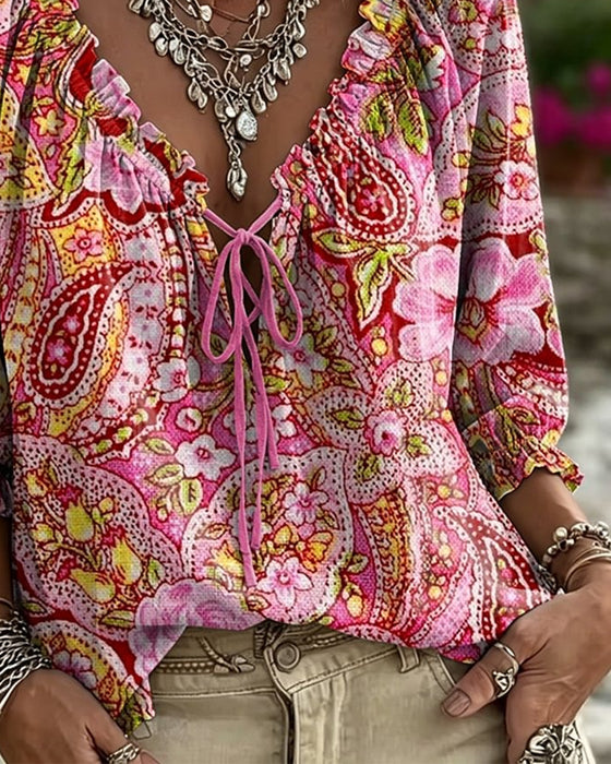 Blouse Col V Cravate Imprimé Manche Ballon