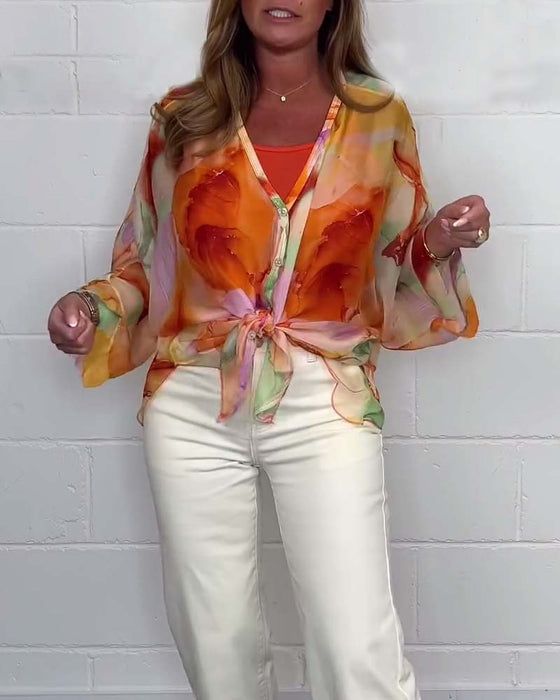 Chemisier décontracté imprimé à col en V et manches longues