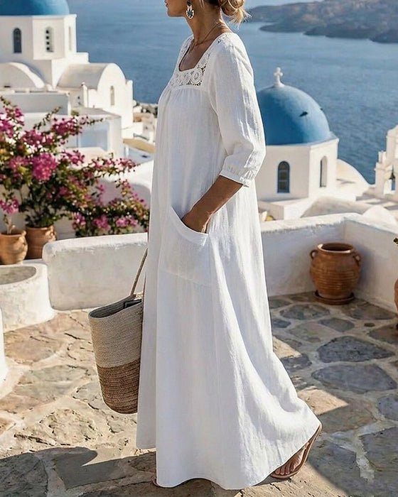 Robe Col Carré Découpé Poche Appliquée Unie