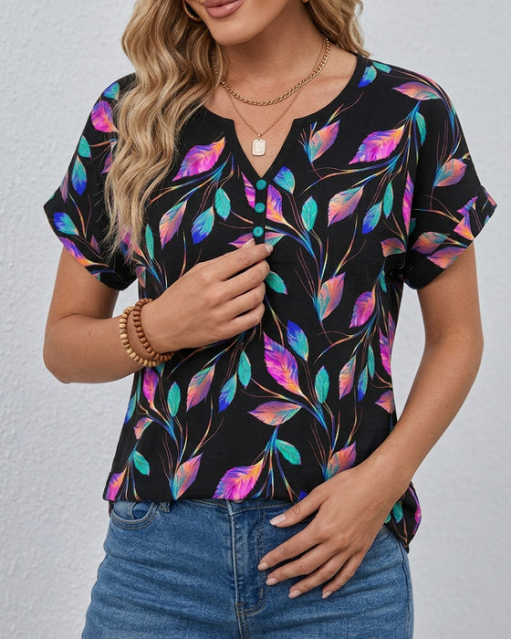 T-Shirt Imprimé Manche Roulée Col V
