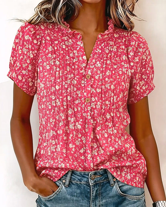 Blouse Col En V Bouton Imprimé Floral