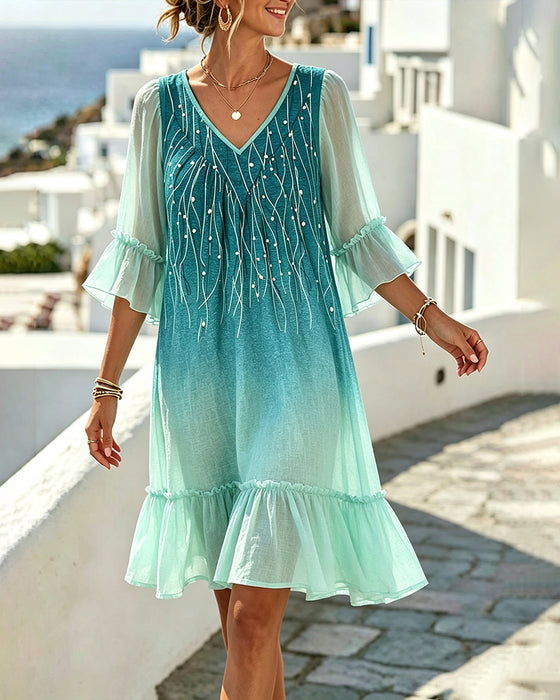 Robe Col V Ombre Ourlet Volanté