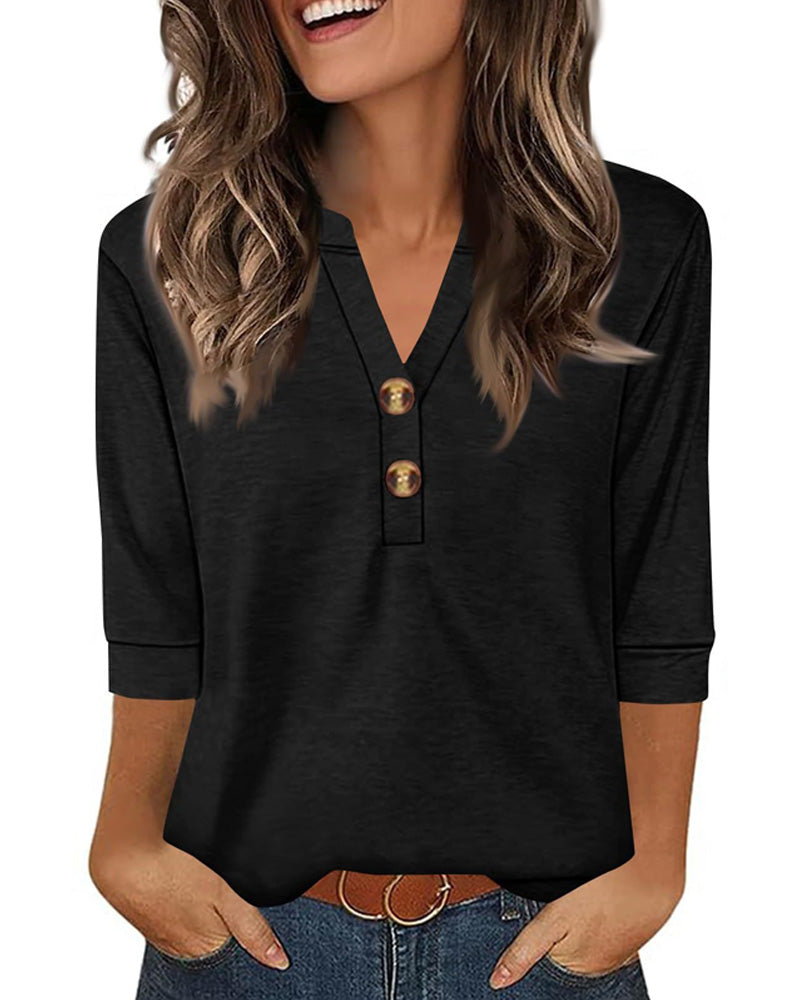 Blouse Col En V Boutonnée Manches Trois-Quarts