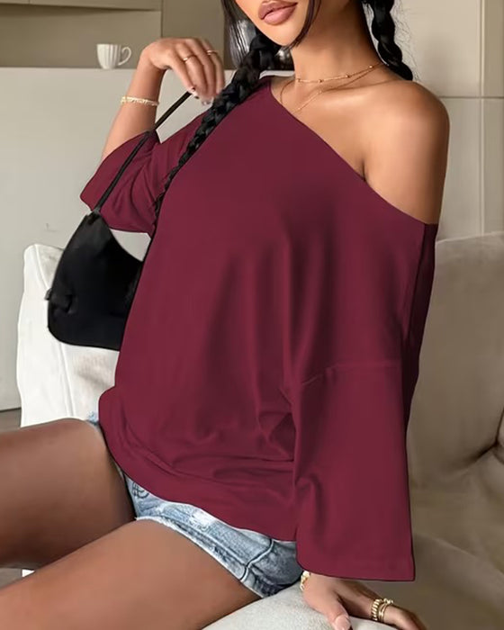 Blouse Une Épaule Manche Chauve-Souris Unie