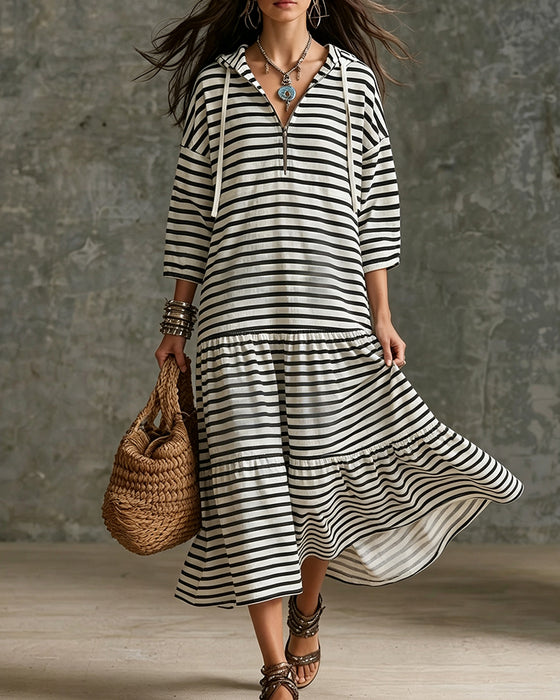 Robe Fermeture Éclair Capuche Rayé À Volants
