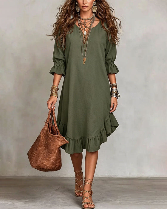 Robe Décontractée Col V Volanté Midi