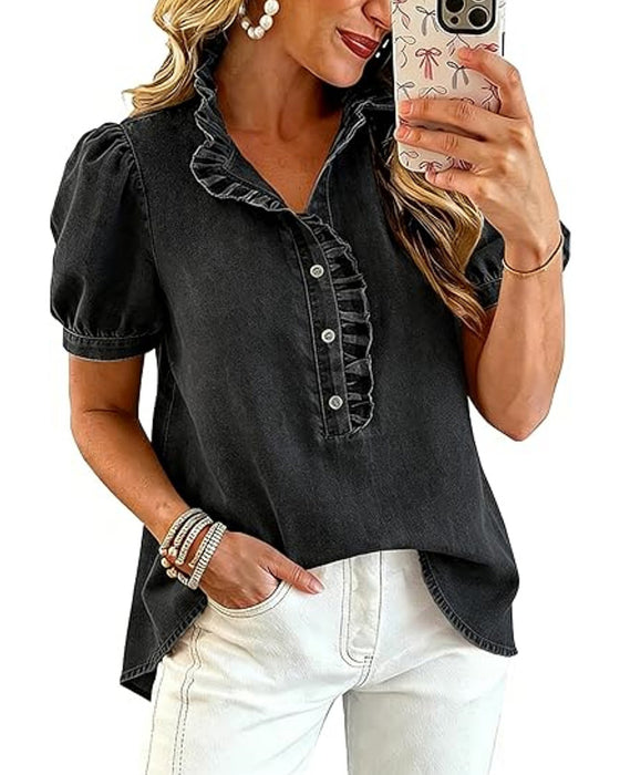 Blouse Boutonner Volant Denim