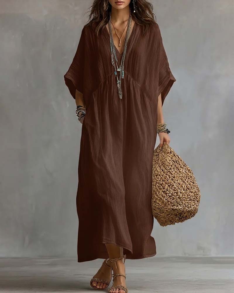 Robe Col En V Manches Chauve-Souris Évasée