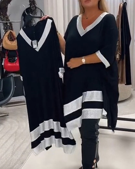 Robe Col En V Manches Courtes Bloc De Couleur Coupe Loose