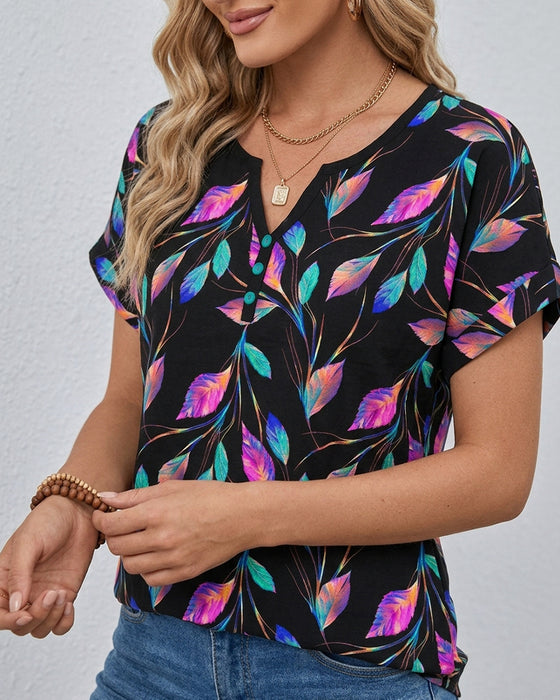 T-Shirt Imprimé Manche Roulée Col V