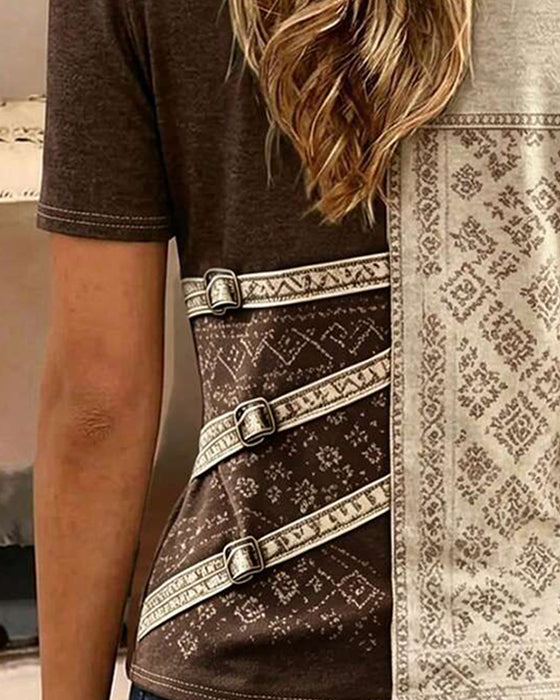 Blouse Bloc De Couleur Manche Courte