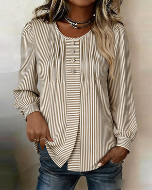 Blouse Col Rond Bouton Devant Rayure Manches Ballon