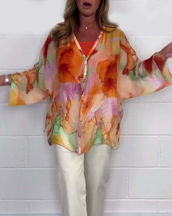 Chemisier décontracté imprimé à col en V et manches longues