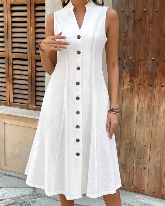 Robe Couleur Unie Sans Manches Col Mao