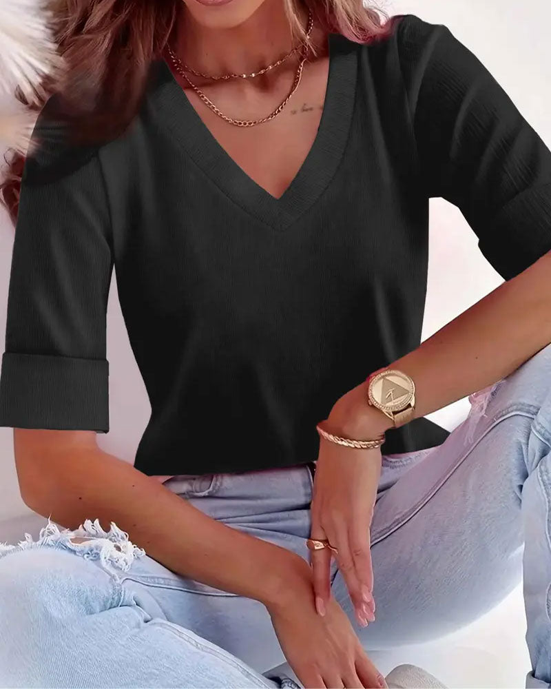 Haut Col V Manche Trois-Quarts Coupe Slim