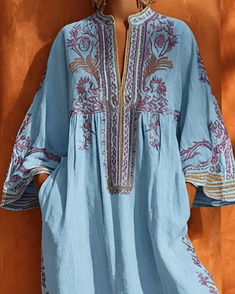 Robe Col En V Imprimé Ethnique Coupe Loose
