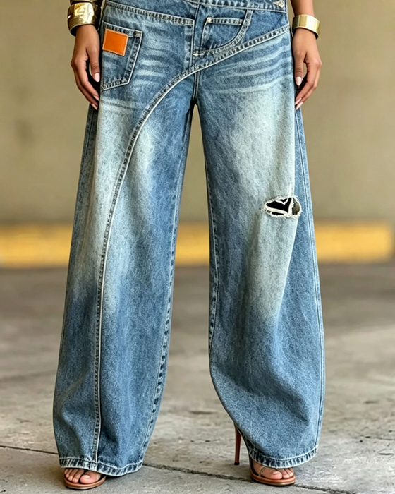 Pantalon Irrégulier Denim Déchiré Long
