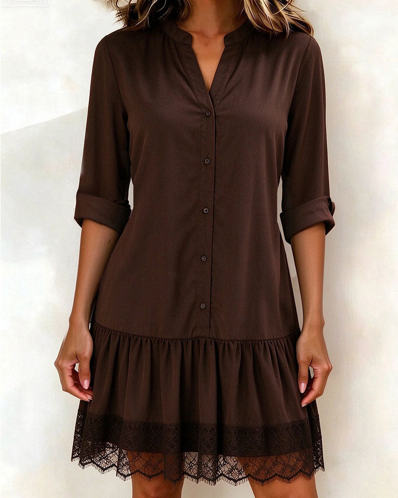 Robe Col Montant Patchwork Bordure En Dentelle