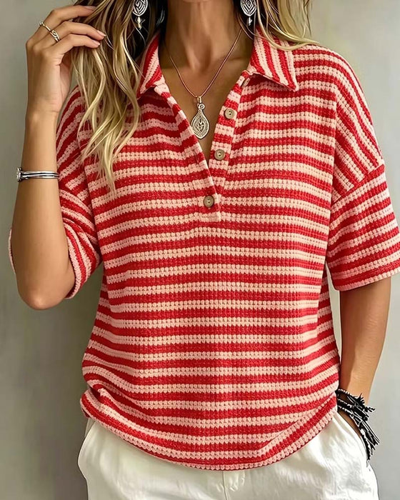 Blouse Col Polo Rayé Bouton Devant