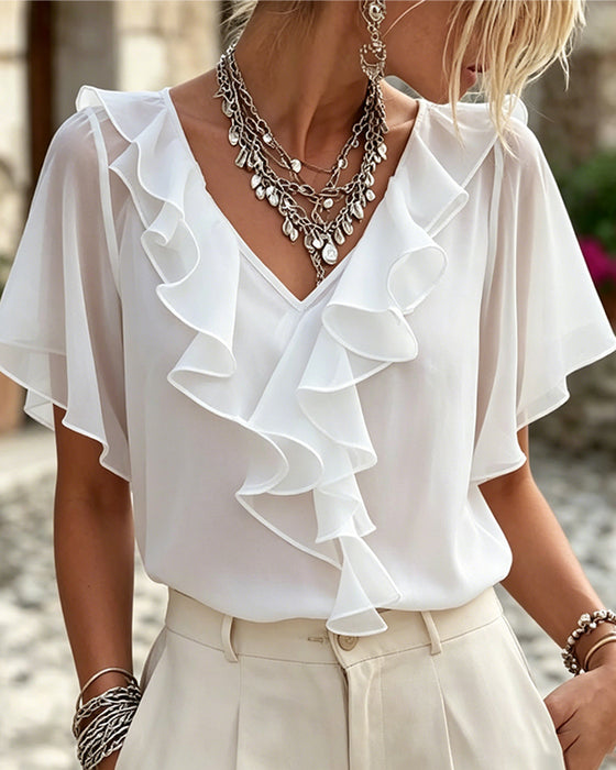 Blouse Col-V Volantée Uni