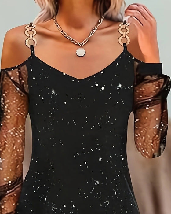 Robe À Bretelles Avec Empiècement En Tulle Manches Longues