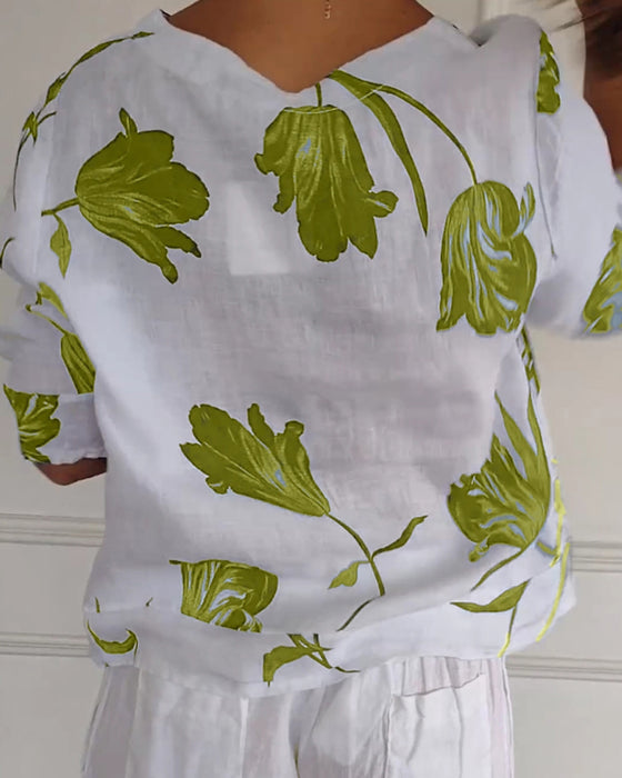 Haut boutonné en coton et lin imprimé fleuri