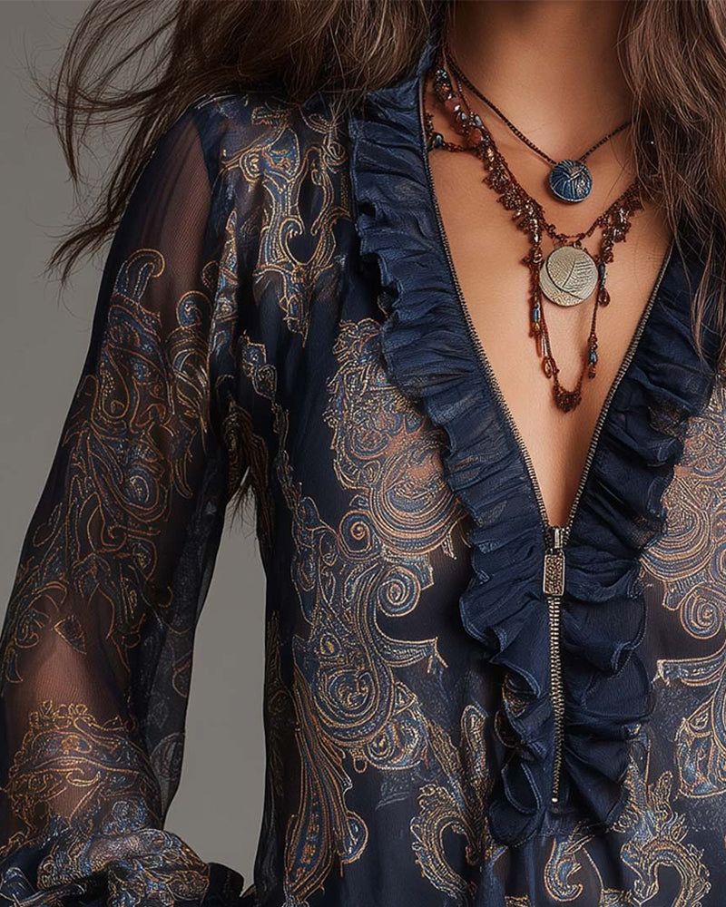 Blouse Demi-Zip Volant Rétro