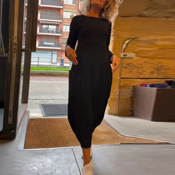 Robe unie à col rond, manches longues et poche