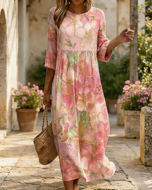 Robe Aquarelle Florale Manche Trois Quarts Jupe Ample Maxi