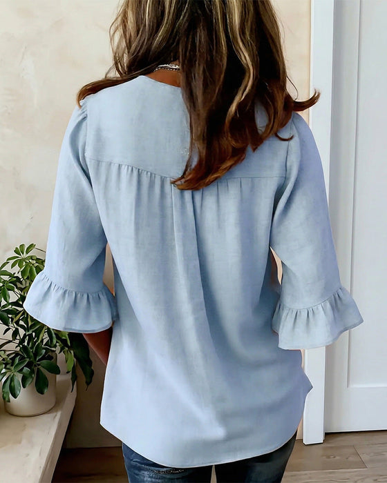 Blouses Unies Coton-Lin Boutons En Bois Volants