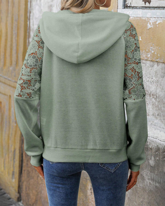 Sweat À Capuche Décolleté V Manches Longues En Dentelle Décontracté