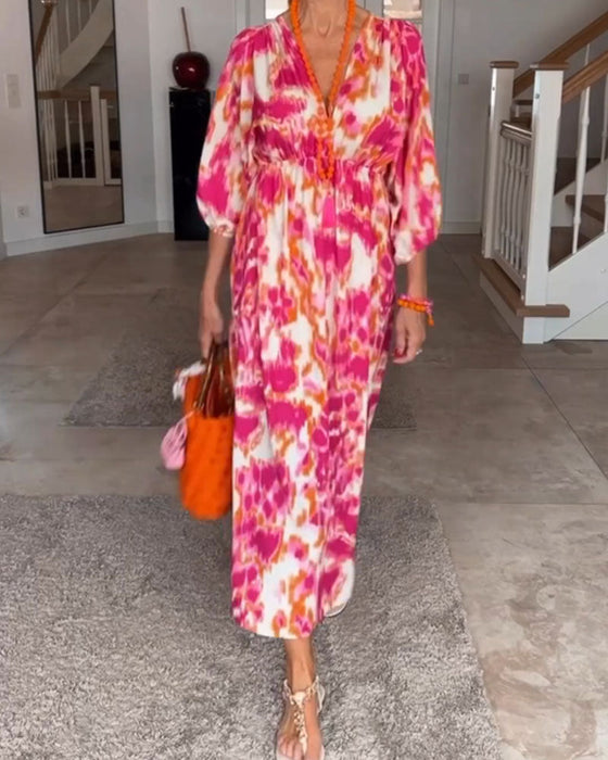 Robe à col en V à imprimé mode avec manches 3/4