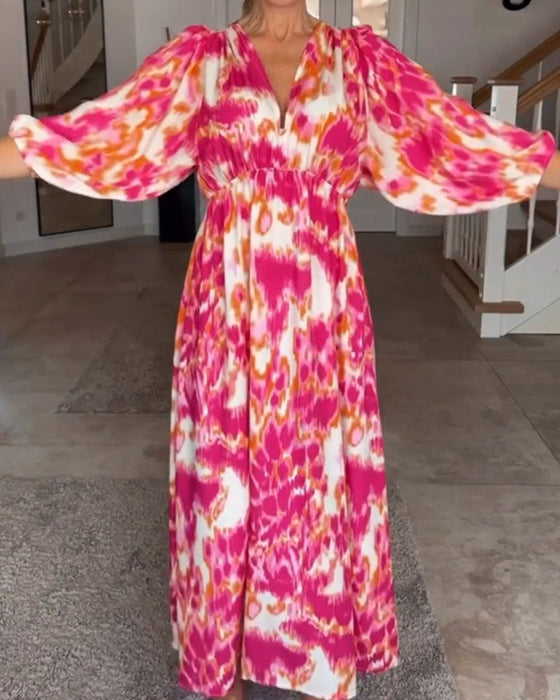 Robe à col en V à imprimé mode avec manches 3/4