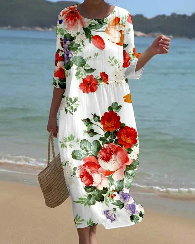 Robe élégante à col rond et imprimé floral