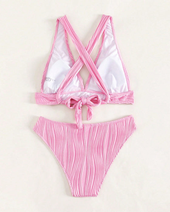 Bikini sexy en V profond de couleur unie
