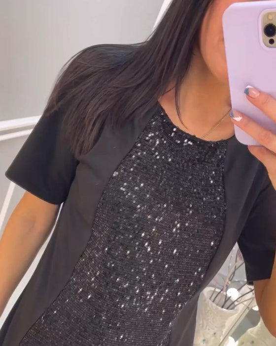 Robe manches courtes à sequins patchwork