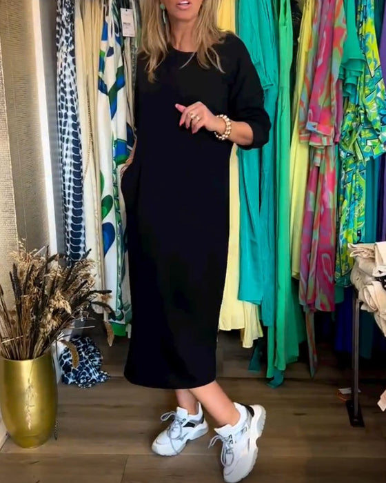 Robe à col rond de couleur unie