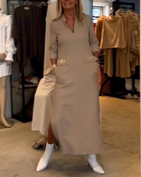 Robe fendue à manches 3/4 de couleur unie