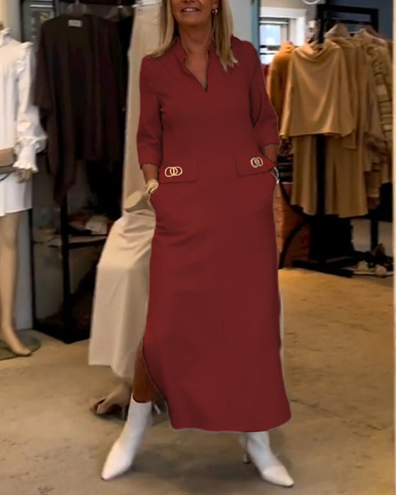 Robe fendue à manches 3/4 de couleur unie