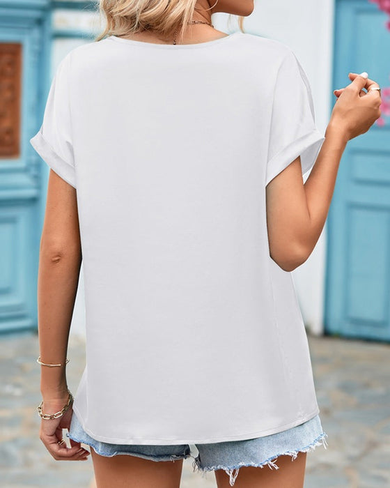 Chemisier col V en dentelle de couleur unie à manches courtes