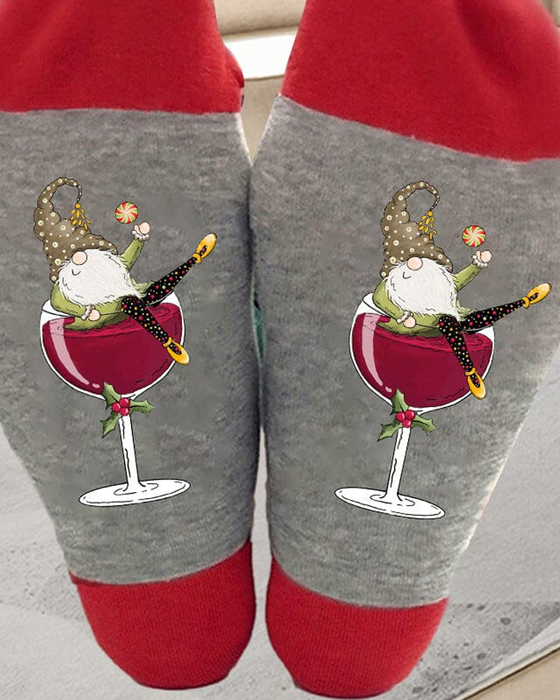 🧦Chaussettes de Noël unisexes avec des lutins et des verres à vin🧦