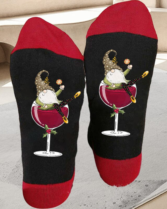 🧦Chaussettes de Noël unisexes avec des lutins et des verres à vin🧦