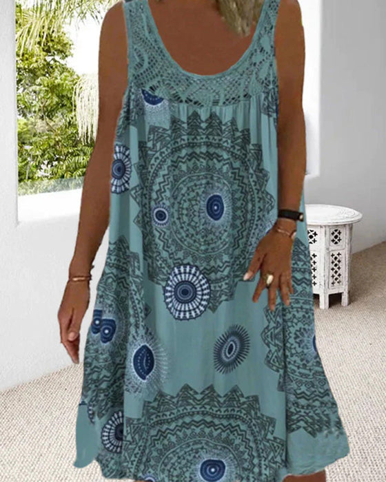 Robe d'été imprimée sans manches à col rond pour femmes