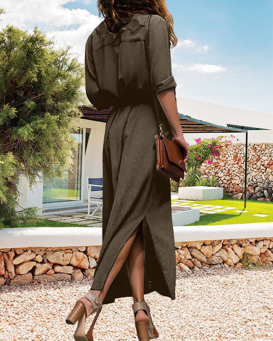 Robe unie à manches longues avec bouton et ceinture